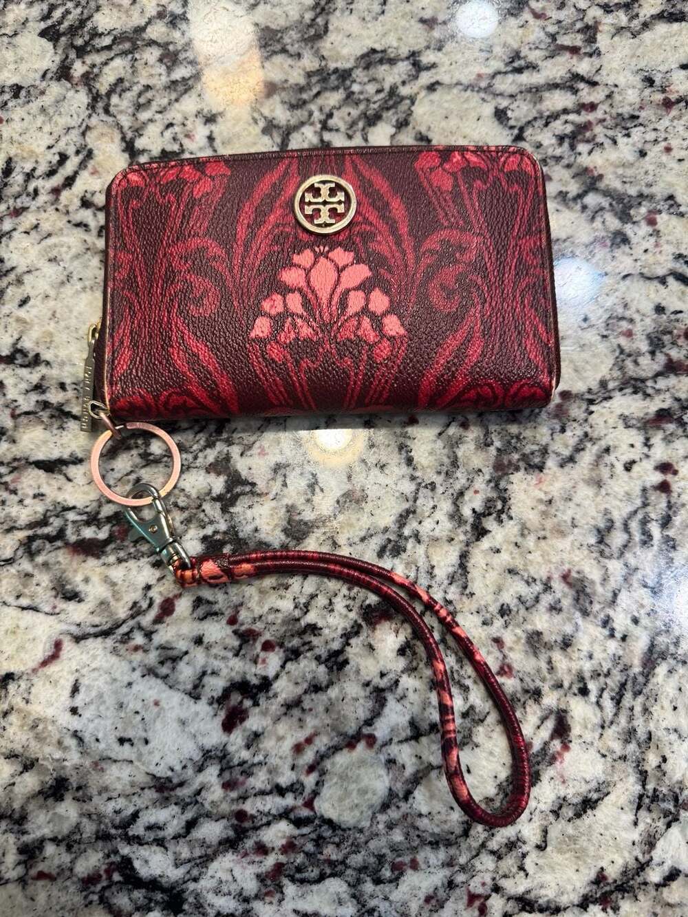 Tory Burch Kerrington Floral Print Zip Around Wristlet Wallet Red Leather